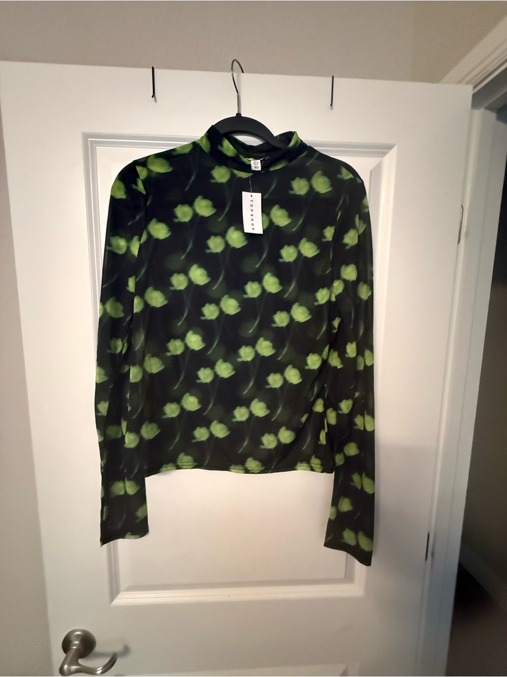 Topshop Black Mock Neck Long Sleeve Top with Lime Floral Print